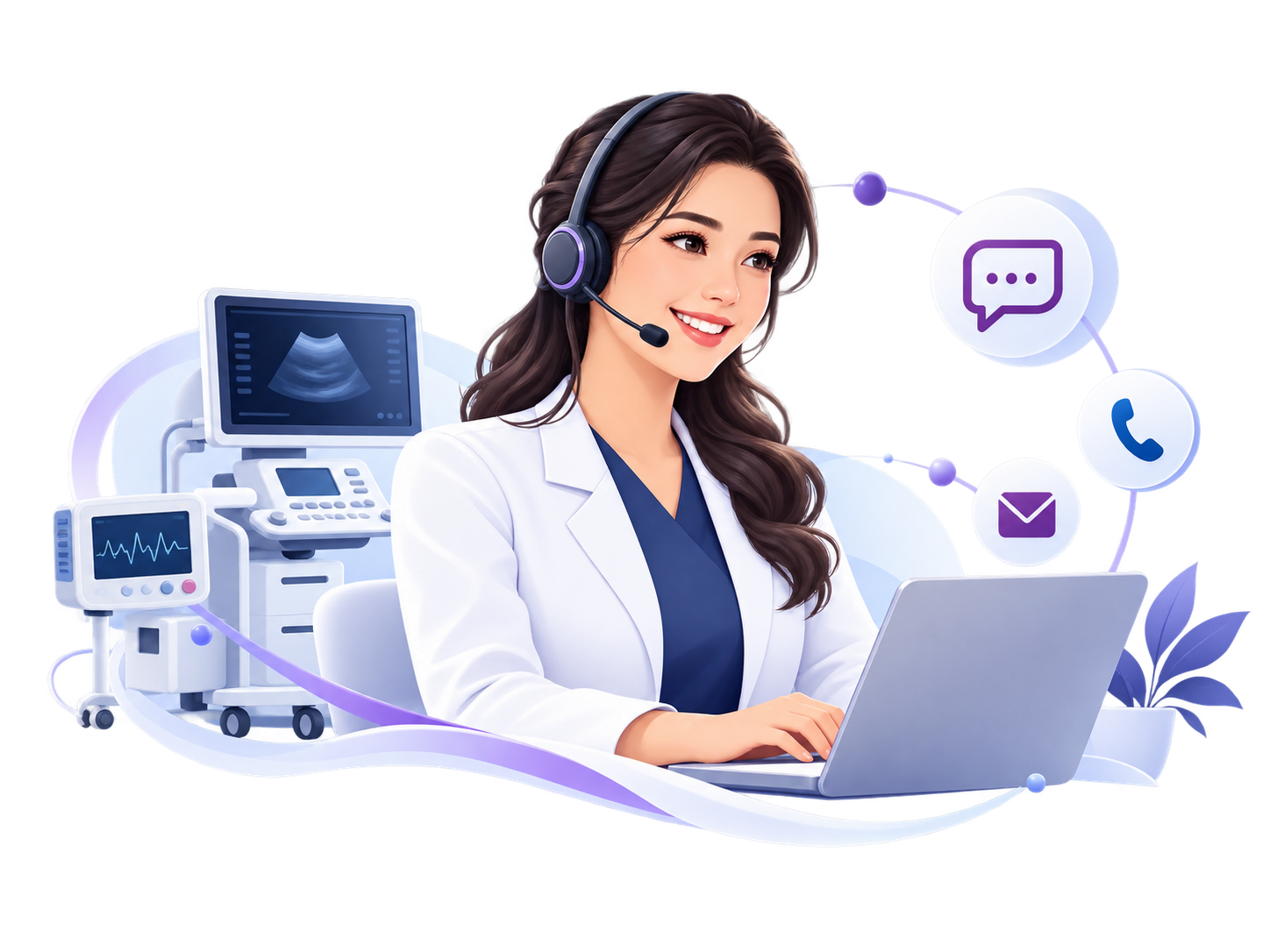 Friendly medical support assistant wearing a headset beside medical equipment